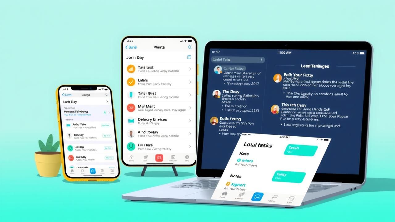 Colorful illustration of Apple productivity apps showing organized tasks and notes, with a modern digital design.