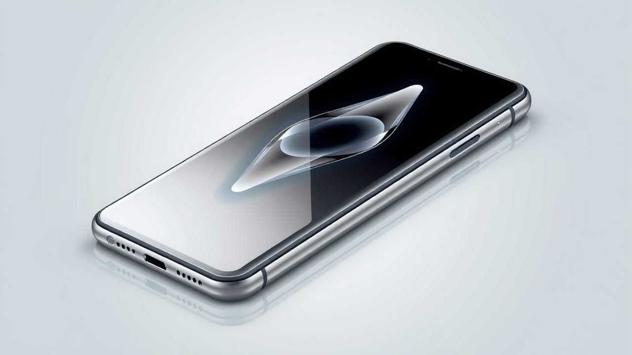 A sleek smartphone with a shiny surface, emphasizing modern design and advanced technology against a minimalist background.