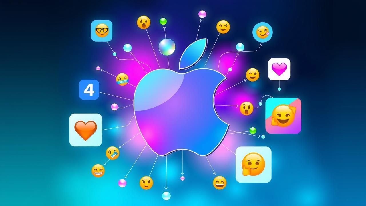 A vibrant digital collage showcasing Apple logo with AI tools and colorful emoji integrations for iOS and macOS.