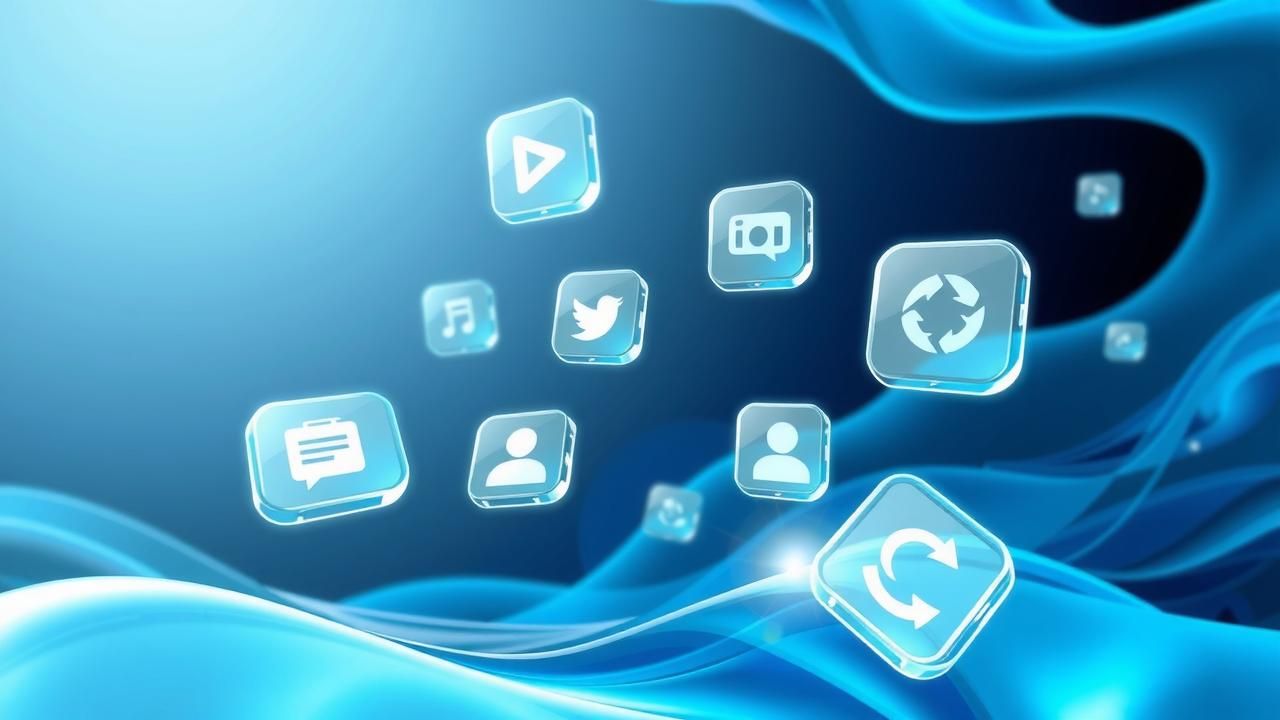 Translucent interface with app icons floating, featuring Liquid Glass design, showcasing modern tech aesthetics.