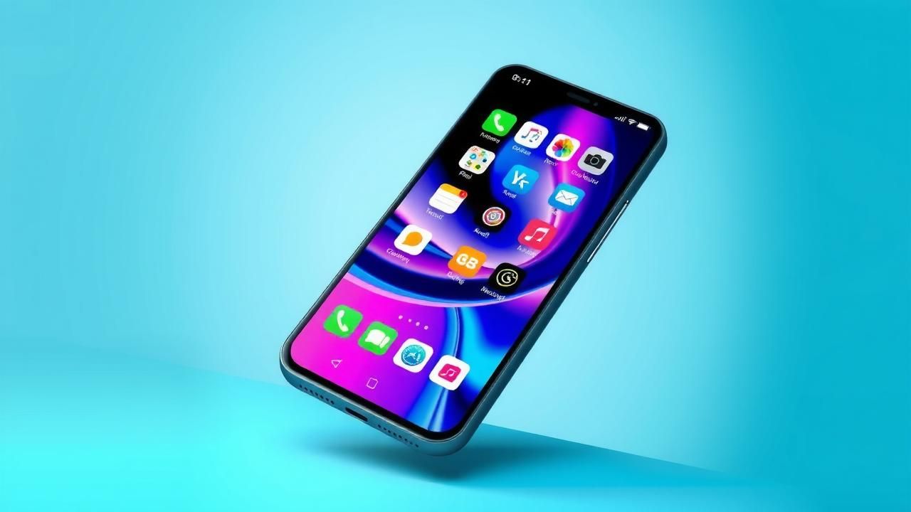 A sleek smartphone with a Liquid Glass design showcasing modern app icons and a vibrant color scheme.