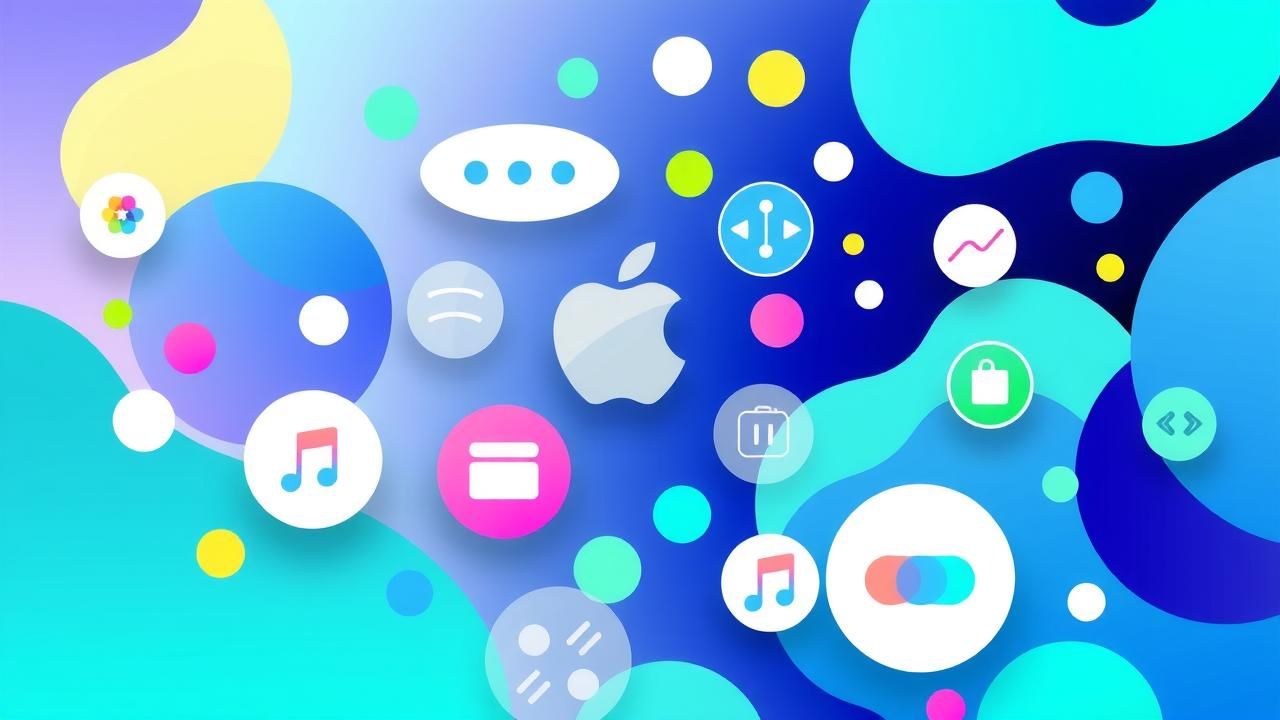 Colorful abstract depiction of Apple iOS 26 with translucent icons and rounded designs in modern style.
