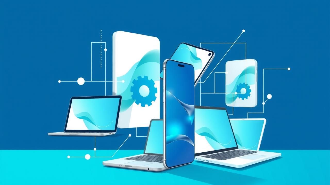 A vibrant digital design representing Apple software announcements, with elements of devices and logos in a modern style.