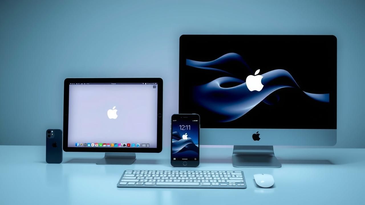 A neomorphic design showcasing Apple devices featuring the year-based OS names.