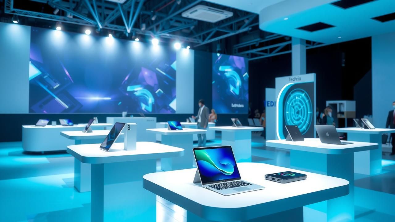A bustling tech event showcasing innovative gadgets with a modern design and vibrant color palette.