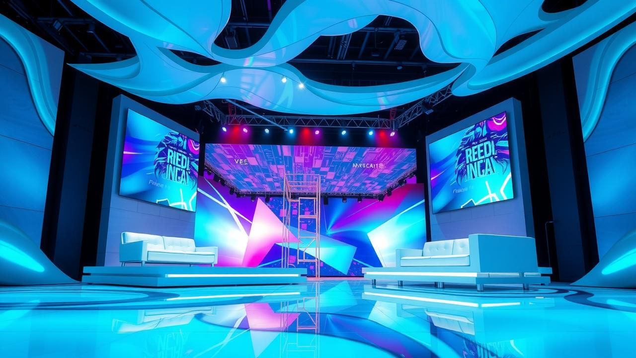 A modern tech conference stage showcasing sleek designs with digital displays and an ambient blue color scheme.