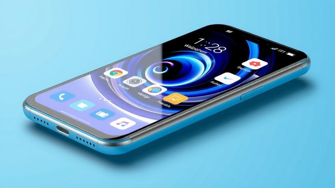 A sleek smartphone interface featuring a glassy layout with vibrant app icons and a stylish lock screen.