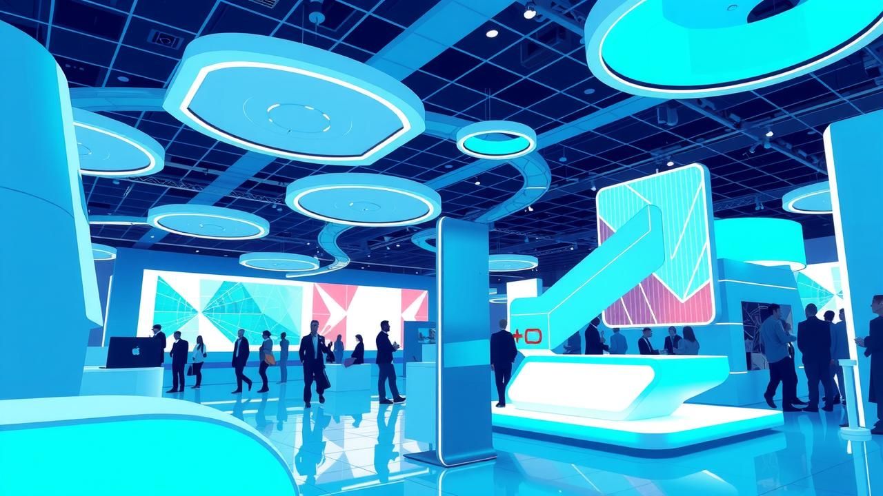 Artistic representation of a tech conference with gadgets, bright colors, and a modern digital ambiance.